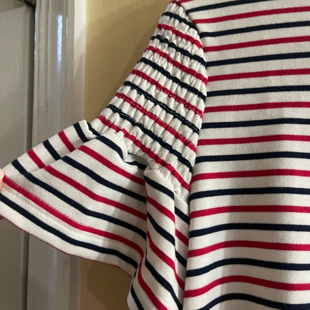 Anthropologie short sleeve t-shirt with ruffle sleeve and red/navy stripes